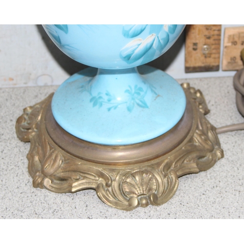 255 - Victorian blue glazed oil lamp later converted and an alabaster table lamp largest approx. 45cm tall