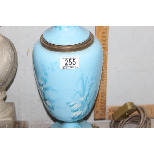 255 - Victorian blue glazed oil lamp later converted and an alabaster table lamp largest approx. 45cm tall