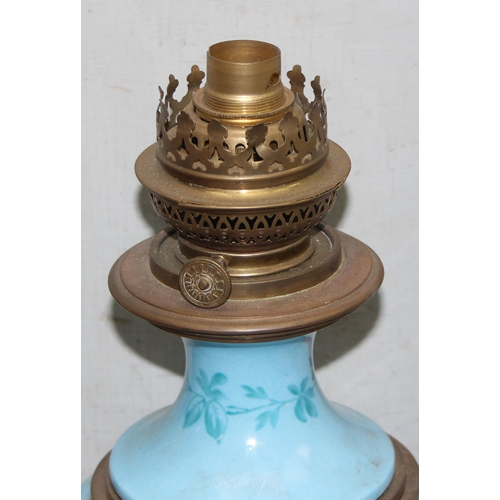 255 - Victorian blue glazed oil lamp later converted and an alabaster table lamp largest approx. 45cm tall