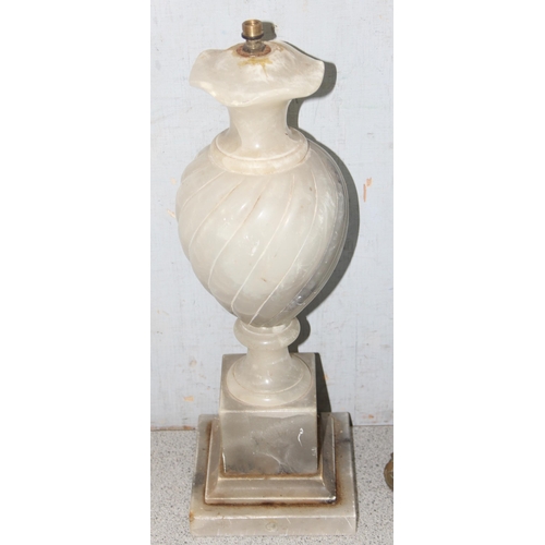 255 - Victorian blue glazed oil lamp later converted and an alabaster table lamp largest approx. 45cm tall