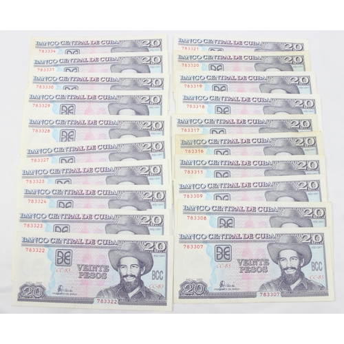 1259 - Qty of assorted Cuban 20 Pesos banknotes, some UNC with runs of sequential serial numbers