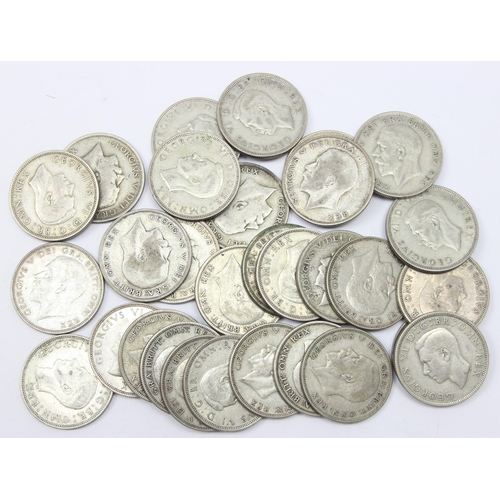 1264 - 30 assorted 0.500 silver British half crown coins, George V & George VI, approx 419.74g gross, some ... 