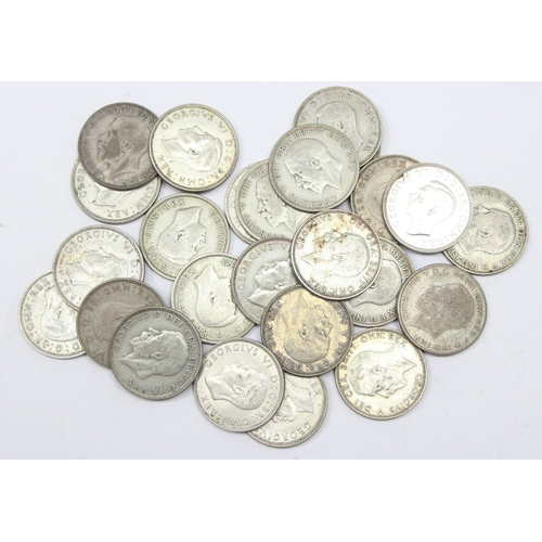 1265 - 25 assorted 0.500 silver British florin coins, George V & George VI, approx 279.74g gross, some in s... 