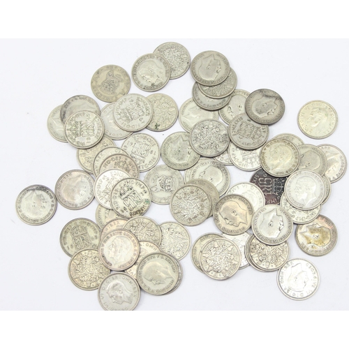 1268 - 65 assorted 0.500 silver British sixpence coins, George V & George VI, approx 178.76g gross, some in... 