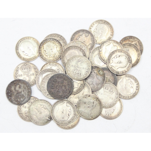 1269 - 34 assorted full silver 3d coins, 1919 and earlier, Victoria to George V, approx 46.32g gross