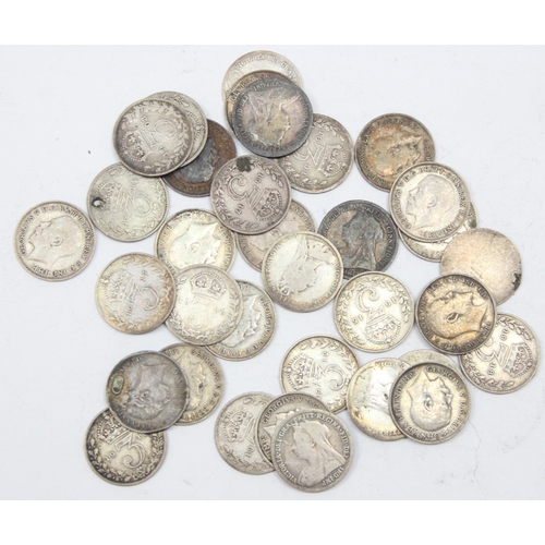 1269 - 34 assorted full silver 3d coins, 1919 and earlier, Victoria to George V, approx 46.32g gross