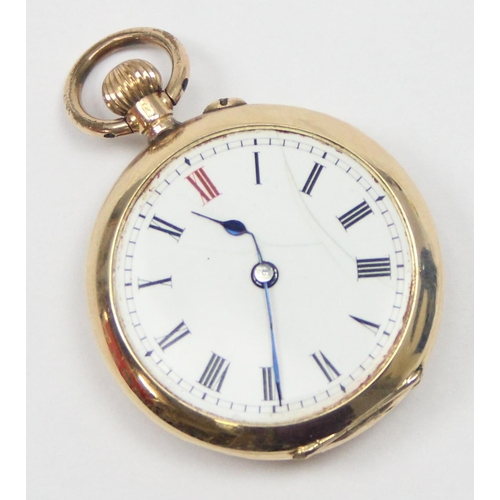 1347 - An antique Swiss 14ct gold cased fob watch with unusual enamel flower to the reverse, likely late 19... 