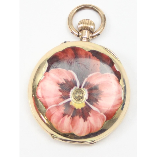 1347 - An antique Swiss 14ct gold cased fob watch with unusual enamel flower to the reverse, likely late 19... 