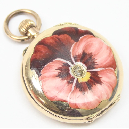 1347 - An antique Swiss 14ct gold cased fob watch with unusual enamel flower to the reverse, likely late 19... 