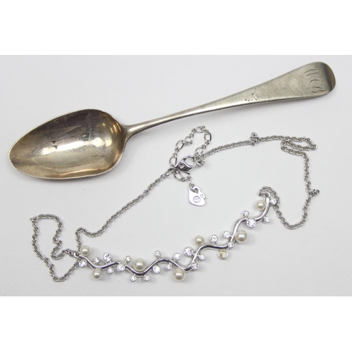 2395 - 925 silver bangle, a Georgian silver tea spoon, a Swarovski necklace and a pearl and jade necklace (... 