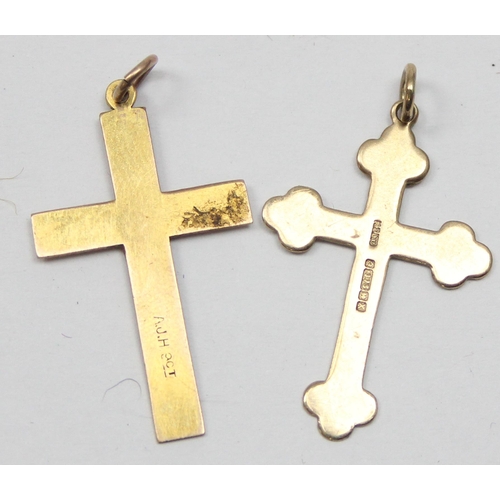 2434 - 2 vintage 9ct gold crucifix pendants, both marked and XRF confirmed, each approx 30mm tall, approx 1... 