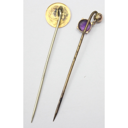 2 vintage 9ct gold mounted stick pins, one with amethyst drop and the ...