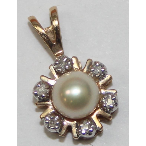 2440 - A 9ct gold pendant mounted with a small pearl surrounded by diamonds, marked 9k and XRF confirmed, a... 