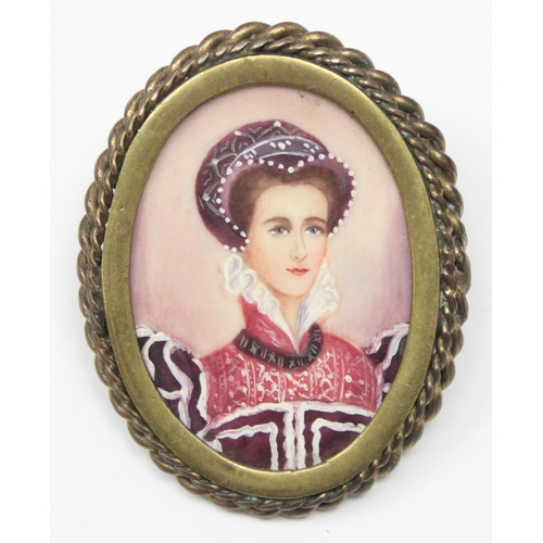 2445 - A vintage hand painted portrait miniature brooch in gilt metal rope twist mount, the painting depict... 