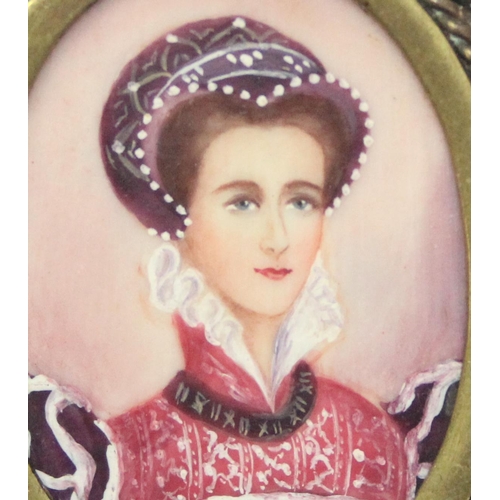 2445 - A vintage hand painted portrait miniature brooch in gilt metal rope twist mount, the painting depict... 