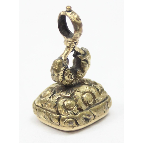 2448 - A Georgian gold plated or gold filled fob seal with engraved bloodstone depicting a swan, approx 25m... 