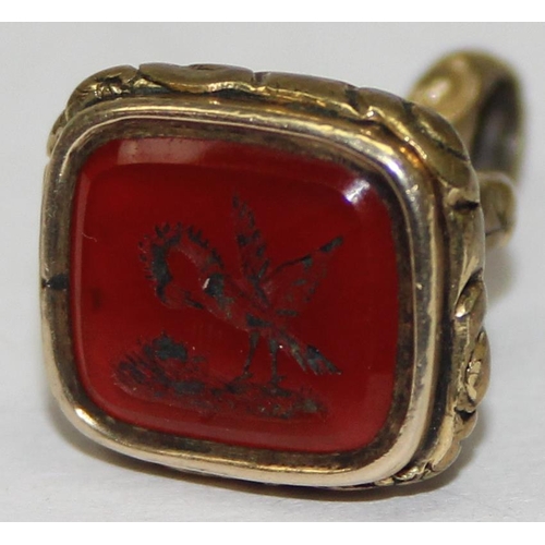 2448 - A Georgian gold plated or gold filled fob seal with engraved bloodstone depicting a swan, approx 25m... 