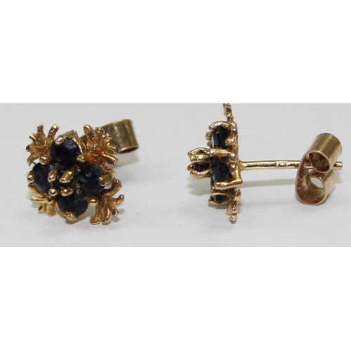 2449 - A pair of retro style 9ct gold earrings, each set with 4 small sapphires in square setting, marked a... 