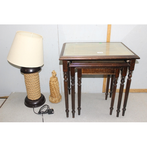 1712 - Leather topped nest of 3 tables, rope twist lamp & door stop