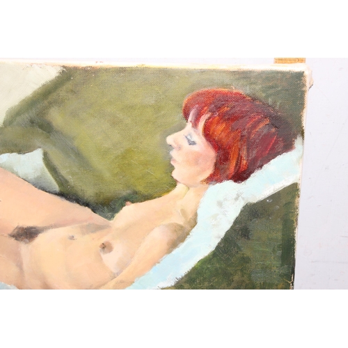 497 - Joyce Williams (British XX), mid-century oil on canvas of a nude female, unsigned but annotated vers... 