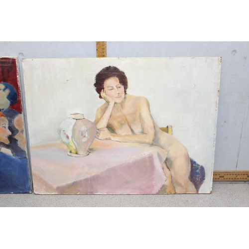 499C - Joyce Williams (British XX), 3 mid-century oil on canvas and board paintings of a female nude, a clo... 