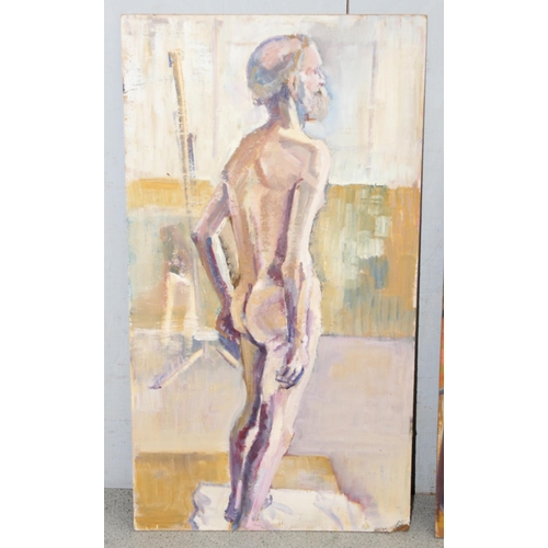 499D - Joyce Williams (British XX), 2 mid-century oil on board paintings of a nude male and a male in garde... 