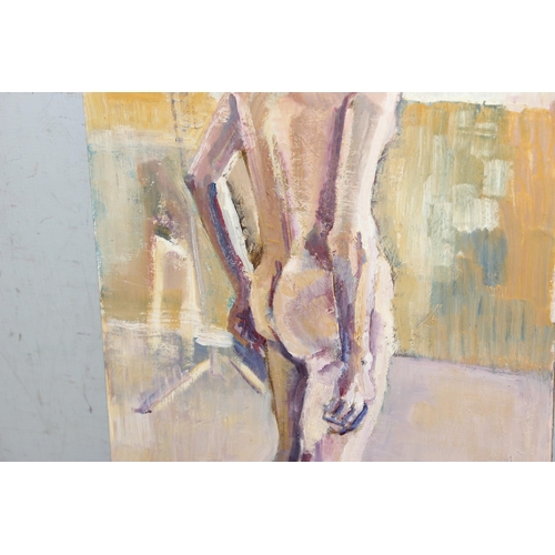 499D - Joyce Williams (British XX), 2 mid-century oil on board paintings of a nude male and a male in garde... 