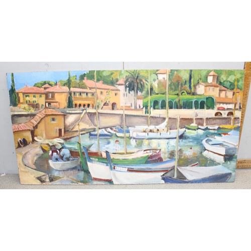 499F - Joyce Williams (British XX), 2 mid-century oil on board paintings of boats in a harbour and an artis... 