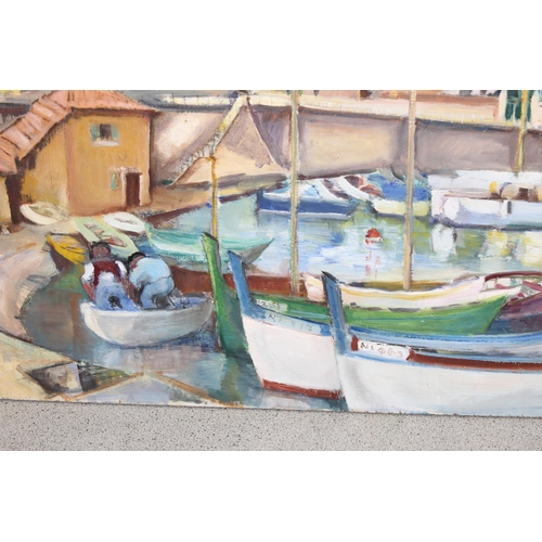 499F - Joyce Williams (British XX), 2 mid-century oil on board paintings of boats in a harbour and an artis... 