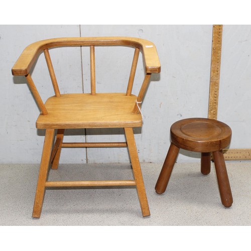 68 - Childs light wood carver chair and a small 3 legged milking stool