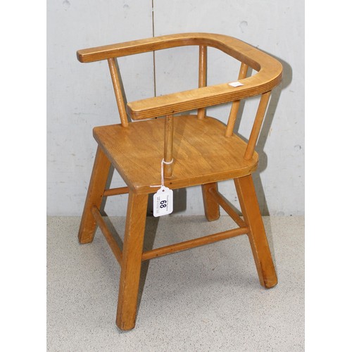 68 - Childs light wood carver chair and a small 3 legged milking stool