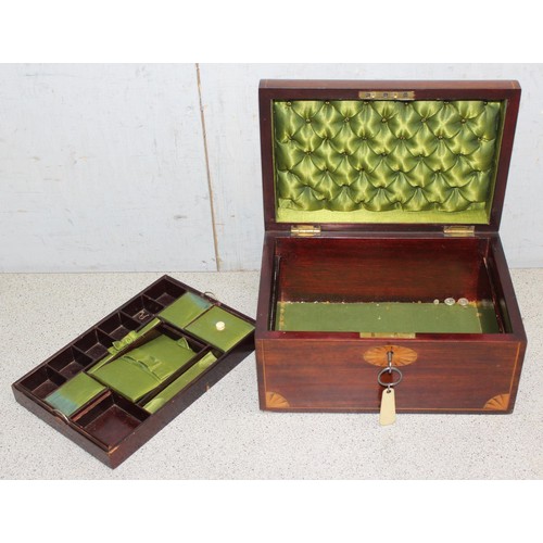 271 - Mahogany jewellery chest with Sheraton inlay and green velvet interior upholstery approx. 24cm x 18c... 