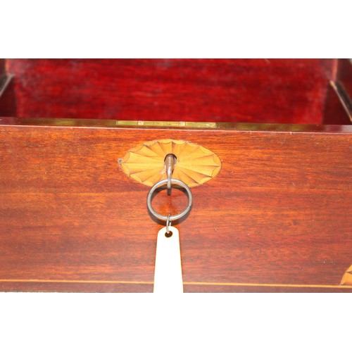 271 - Mahogany jewellery chest with Sheraton inlay and green velvet interior upholstery approx. 24cm x 18c... 