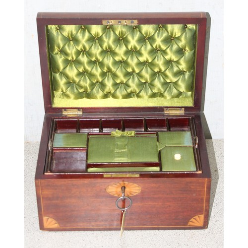 271 - Mahogany jewellery chest with Sheraton inlay and green velvet interior upholstery approx. 24cm x 18c... 