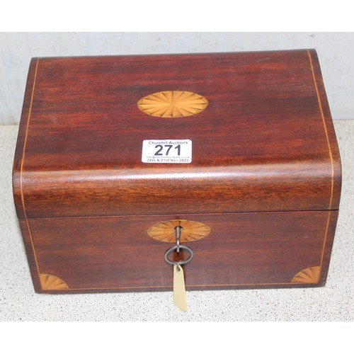 271 - Mahogany jewellery chest with Sheraton inlay and green velvet interior upholstery approx. 24cm x 18c... 