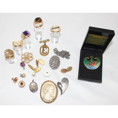 2458 - Qty of assorted gold plated and other jewellery to inc 2 9ct gold shirt studs, marked and XRF confir... 