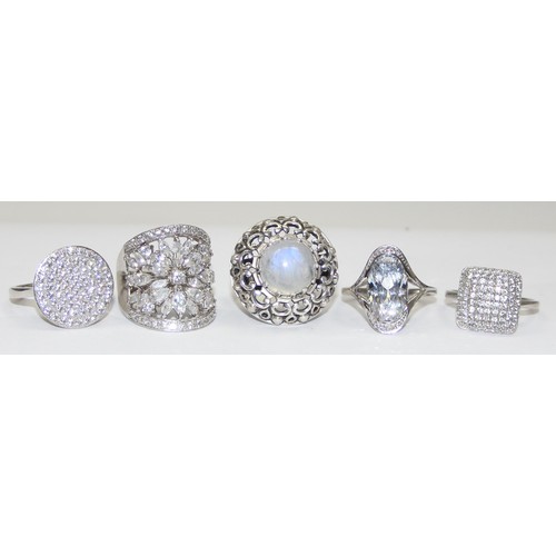 2168 - 5 assorted 925 silver dress rings, mainly white stones in various designs, all approx size T