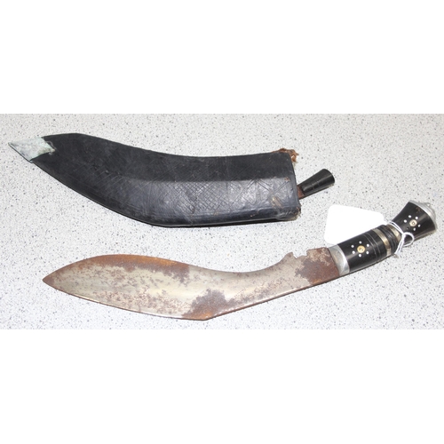 1415 - Antique horn and white metal handled Kukri knife with skinning knife in leather scabbard, approx 34c... 