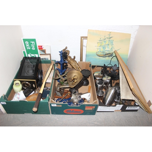 1799 - 3 boxes of assorted misc items, 2 boxes of metalware and one of misc, various pictures also included