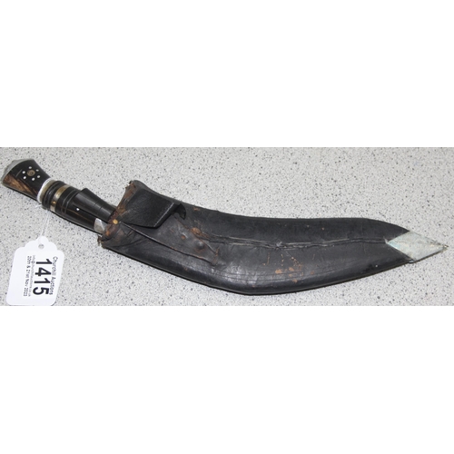 1415 - Antique horn and white metal handled Kukri knife with skinning knife in leather scabbard, approx 34c... 