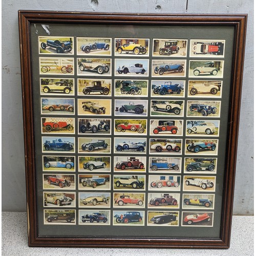 530A - 4 framed cigarette card displays to inc Black Cat vintage Cars, United Service Arms & Armour etc