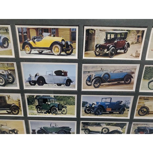 530A - 4 framed cigarette card displays to inc Black Cat vintage Cars, United Service Arms & Armour etc