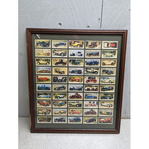 530A - 4 framed cigarette card displays to inc Black Cat vintage Cars, United Service Arms & Armour etc