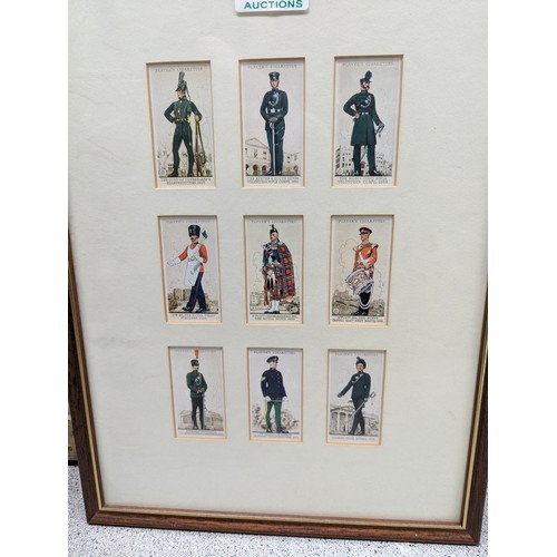 530A - 4 framed cigarette card displays to inc Black Cat vintage Cars, United Service Arms & Armour etc