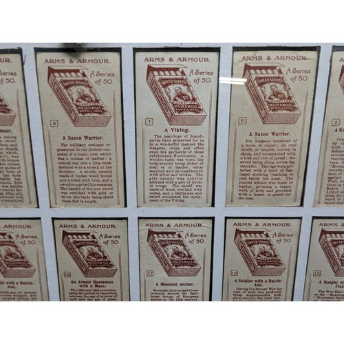 530A - 4 framed cigarette card displays to inc Black Cat vintage Cars, United Service Arms & Armour etc