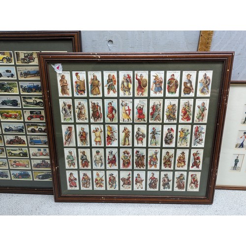 530A - 4 framed cigarette card displays to inc Black Cat vintage Cars, United Service Arms & Armour etc