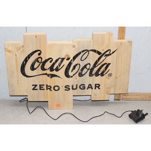 408 - A retro style back lit Coca-Cola advertising sign, wood effect, approx 58cm wide