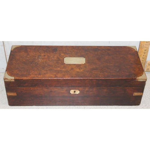 271 - An antique burr walnut sewing or work box with brass corners, some associated contents, approx 38cm ... 