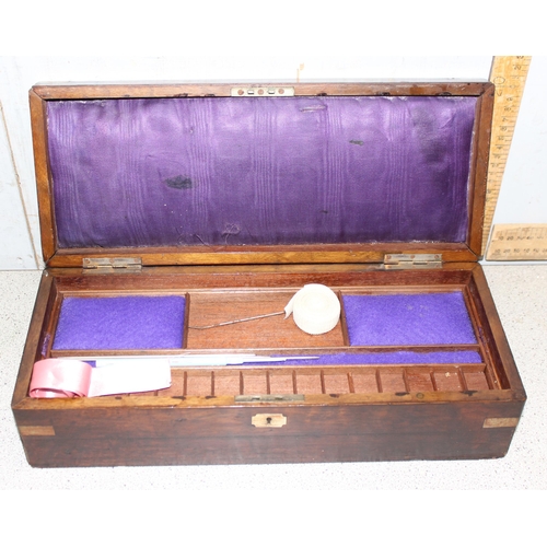 271 - An antique burr walnut sewing or work box with brass corners, some associated contents, approx 38cm ... 