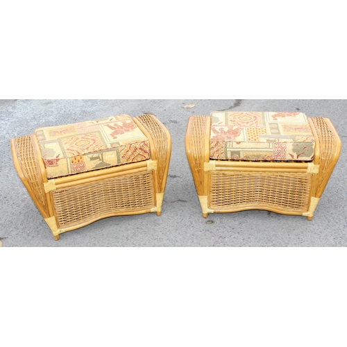 16 - 2 vintage wicker and upholstered conservatory stools, approx 80cm wide x 45cm deep x 47cm tall